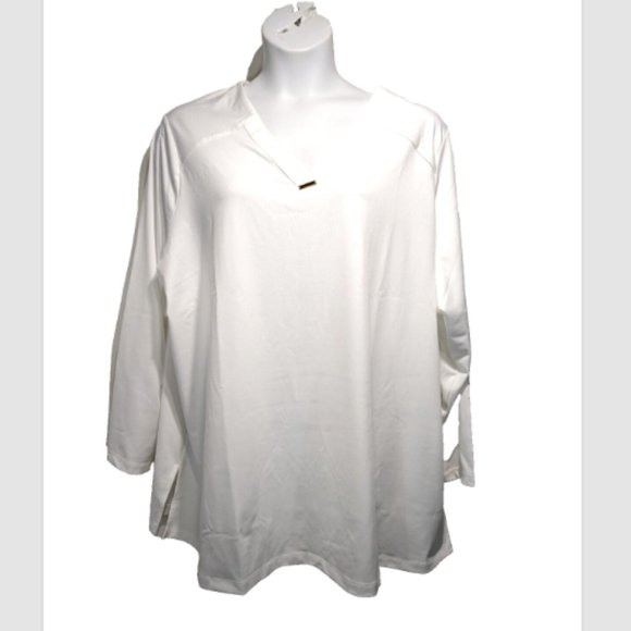 Susan Graver Tops - Susan Graver Butterknit Split V-Neck Long-Sleeve Top White Plus Size 4X
